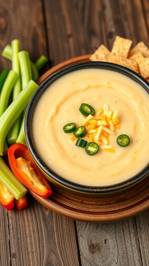 Zero Carb Queso Dip Recipe A bowl of creamy zero carb queso dip with vegetables for dipping, garnished with jalapeños.